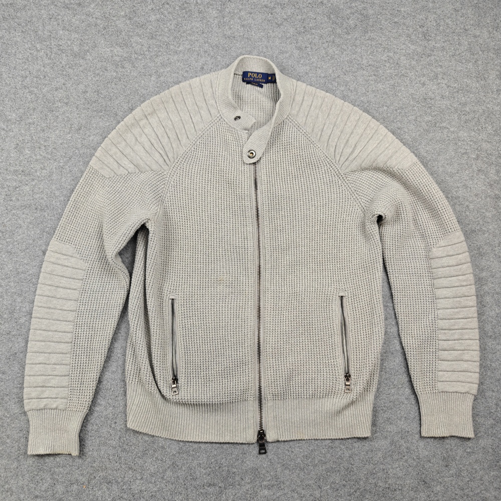 Polo Ralph Lauren Sweater Mens Medium Gray Full Zip Mock Neck Slim Fit Pockets